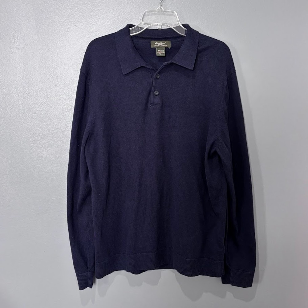 Eddie Bauer Polo Sweater Mens Lg Tall Navy Blue Cotton Cashmere Preppy Classic